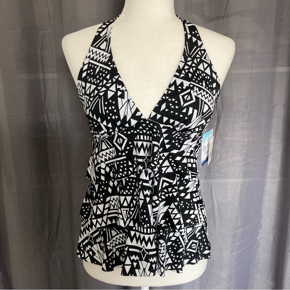 3/$20 American Beach Black White Geometric Print Ruffle Tier Halter Tankini Top